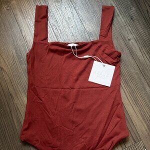 Meshki Burnt Red Rust Ribbed Square-neck Stretch Bodysuit - Small